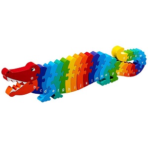 image of an eco-friendly wooden gift toy, this is colourful alphabet jigsaw in the shape of a crocodile.