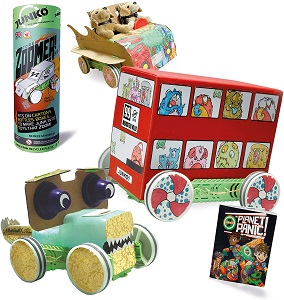 Image of the JUNKO Core Zoomer Kit and some home recycling turned into working toys. One of our featured Eco-Friendly gift ideas for children.