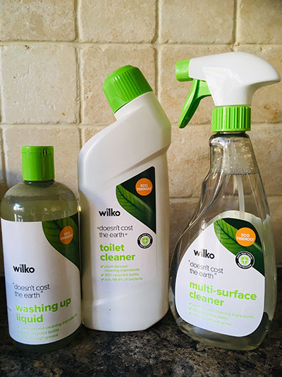 Image of Wilko's eco friendly cleaning products range including toilet cleaner, washing up liquid and multi-surface cleaner. 