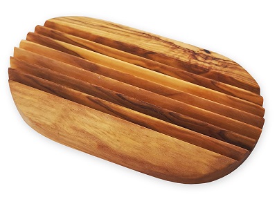 Sustainable Olive Wood Ridged Soap Dish, perfect for keeping your favourite soaps, shampoo or conditioner bars in.