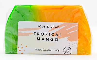 Soul and Soap. This soap is the mango soap bar wrapped in recyclable packaging