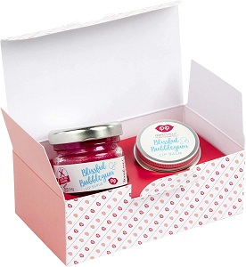 Image of an eco-friendly, perfectly-packaged Pura Cosmetics gift set, containing a full-size Blissful Bubblegum Lip Scrub and a matching Blissful Bubblegum Lip Balm.