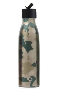 Image of a reusable, vacuum insulated and thermoregulated steel bottle, in desert camouflage print design.
