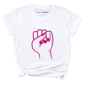Image of a high quality t-shirt, ethically manufactured and then printed by experts. T-shirt is white with a feminist pink print of a female clenched fist.