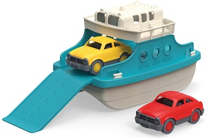Image of a child's ferry boat toy with two cars, made from 100% recycled plastic milk jugs.