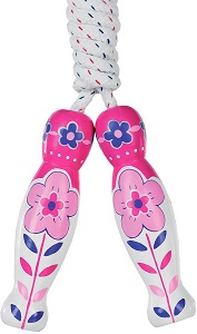 image of an eco-friendly wooden gift toy, this is a skipping rope with pink floral wooden handles.