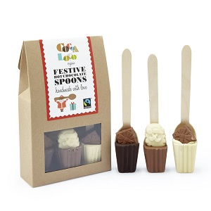 Image of a box of Fairtrade milk, dark and white hot chocolate spoons. Simply stir into hot milk for a delicious drink. These chocolate treats made an ideal stocking filler or Christmas gift to spread Christmas cheer. All chocolate is palm oil free, vegan and handmade.