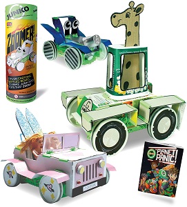 Image of the JUNKO Zoomer Kit and some home recycling turned into working toys. One of our featured Eco-Friendly gift ideas for children.