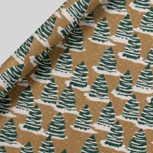 Image of recycled and recyclable Christmas wrapping paper, print is multiple snowy Christmas trees om a brown background, to help you be more eco friendly
