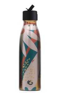 Image of a reusable, vacuum insulated and thermoregulated steel bottle, in a floral print design.