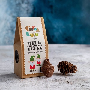 Image of a box of organic and Fairtrade milk chocolate elves. Certified palm oil free. These chocolate treats made an ideal stocking filler or Christmas gift to spread Christmas cheer.