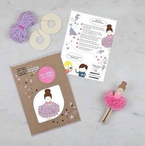 Image of a make-your-own ballerina peg doll gift for children, with pom pom tutu!. Perfect for three years and upwards, they make a great gift for; stocking fillers, party bag additions, wedding day entertainment or rainy day fun.