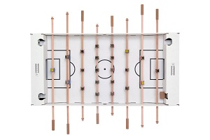 Image of a portable flat packed cardboard football table. Folds away into a cardboard suitcase.