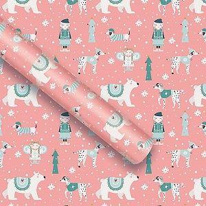 Image of recyclable Christmas wrapping paper, print is a repeated polar festive scene on a pink background, to help you be more eco friendly