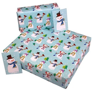 Image of recycled Christmas wrapping paper, print is multiple snowmen on a blue background, to help you be more eco friendly