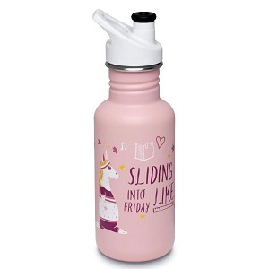 Image of an eco-friendly reusable stainless steel child's water bottle, with a fun print on a pale pink background.