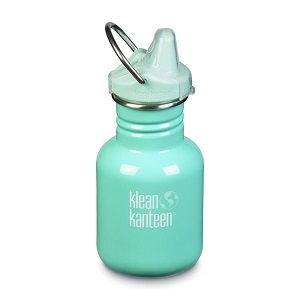Image of an eco-friendly reusable stainless steel child's sippy water bottle, in an aqua colour.