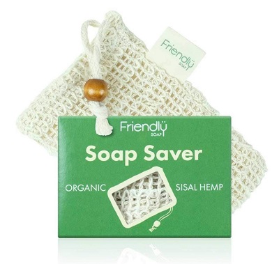 Image of a Soap Saver made with organic Sisal Hemp. This handy drawstring pouch provides a cosy home for your soap bar, whilst also keeping all the little soap scraps together that usually slip through your hands and down the drain.