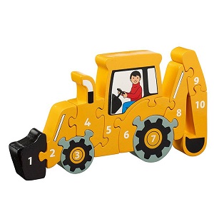 image of an eco-friendly wooden gift toy, this is a jigsaw puzzle in the shape of a yellow digger.