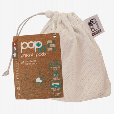 Image of pop-in reusable breast pads in a drawstring bag. These make a great swap from disposable options.